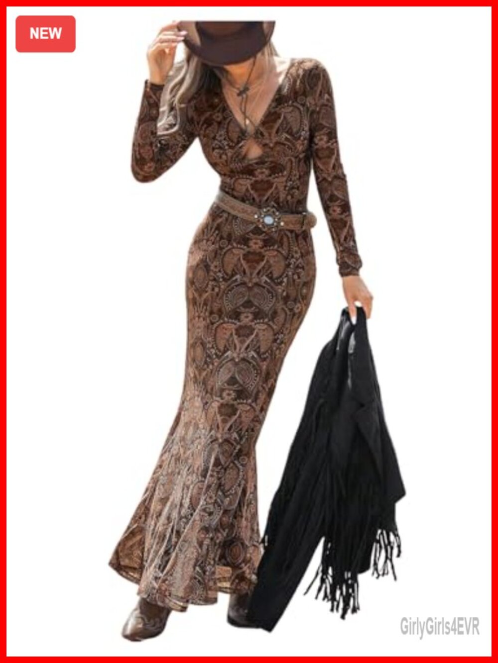 Paisley Print Fishtail Maxi Dress Long Sleeve V Neck Slim Fit Western